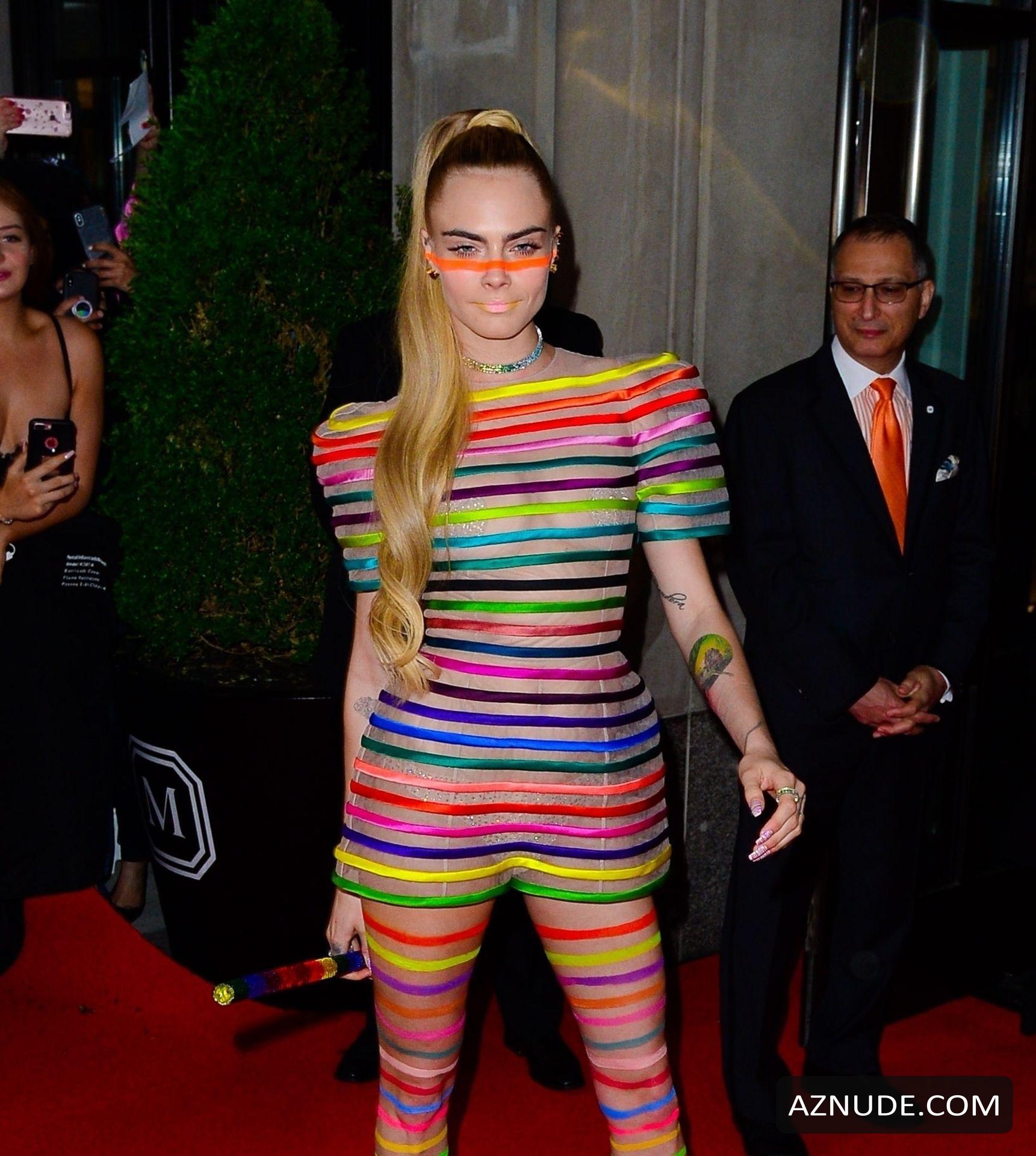 Cara Delevingne In A See Through Bright Rainbow Outfit For