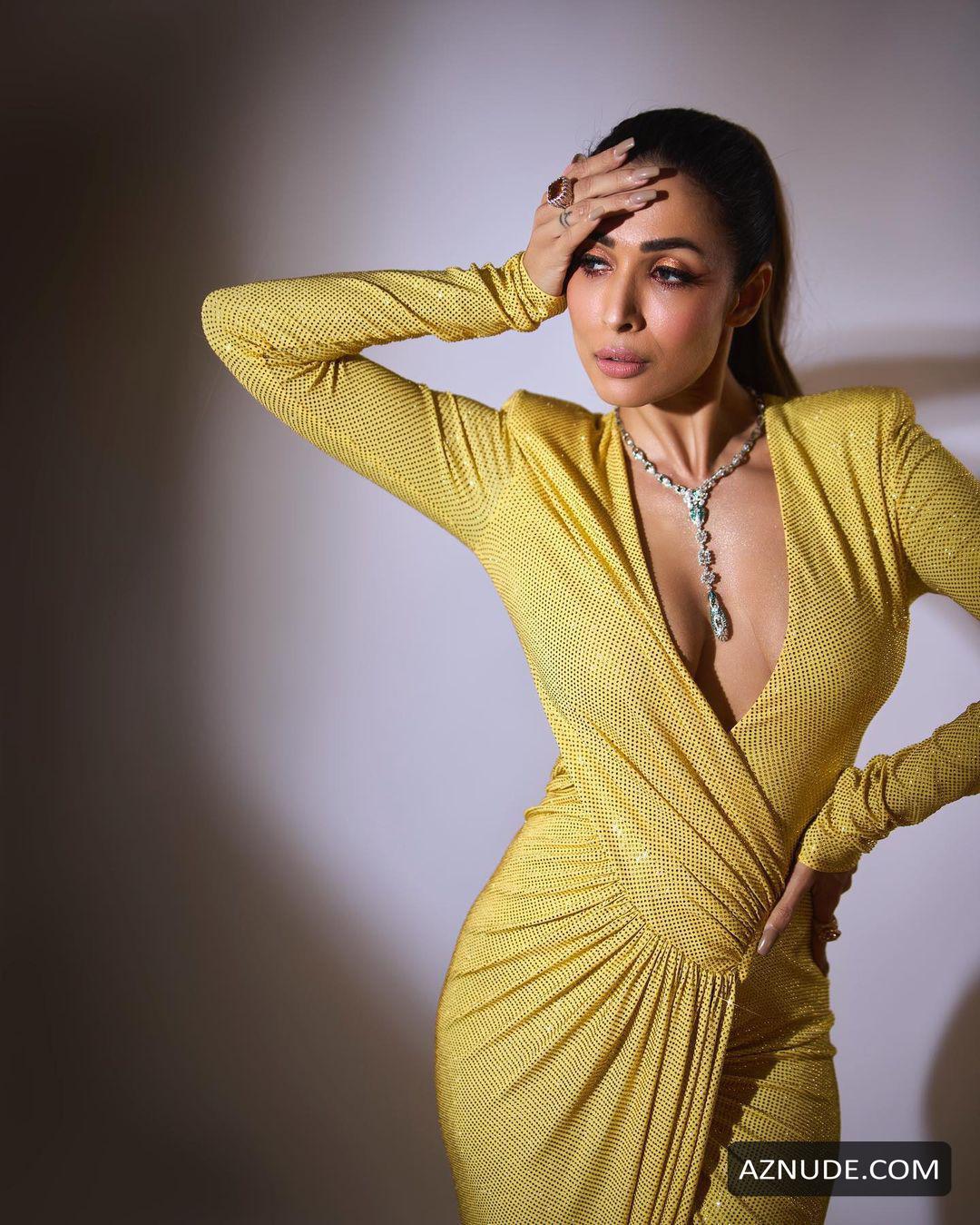 Malaika Arora Yellow High Slit Dress With Sexy Plunging Neckline At Filmfare Awards 2022 Aznude 