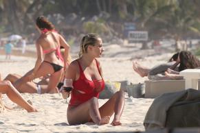 Caroline Vreeland Sexy in Caroline Vreeland Sexy in Red Swimsuit On the Beach in Mexico