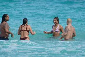 DaniLeighSexy in DaniLeigh spotted in a white and pink halter top bikini at the beach in Miami