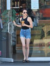 Emma RobertsSexy in Emma Roberts running errands in Los Feliz wearing denim shorts with a black tank top and matching loafers