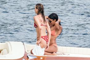 Laura Harrier and Eleonore Toulin having a great time during a boat ride while on holiday in Positano