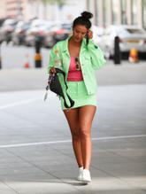 Maya Jama Sexy in Maya Jama looking super hot in mint-green matching miniskirt and jacket exits BBC Radio One in London