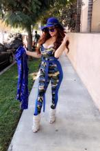 Phoebe PriceSexy in Phoebe Price models a blue camouflage ensemble while walking her dog in Beverly Hills