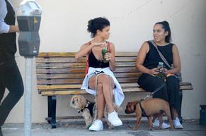 Susan Kelechi WatsonSexy in Kelechi Watson stops for a fresh juice drink while walking her dog with a friend in West Hollywood